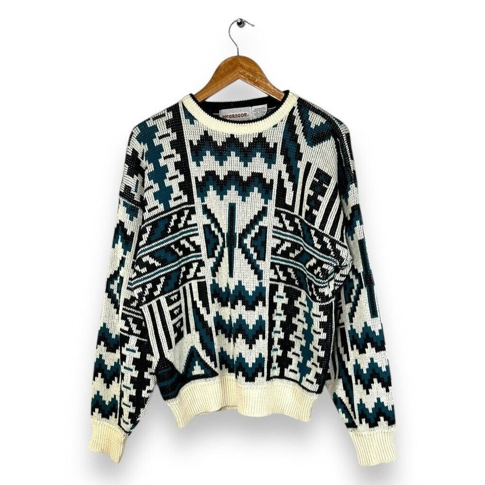Vintage 90s Patterned Abstract Knit Crewneck Sweater Sweatshirt Size Medium